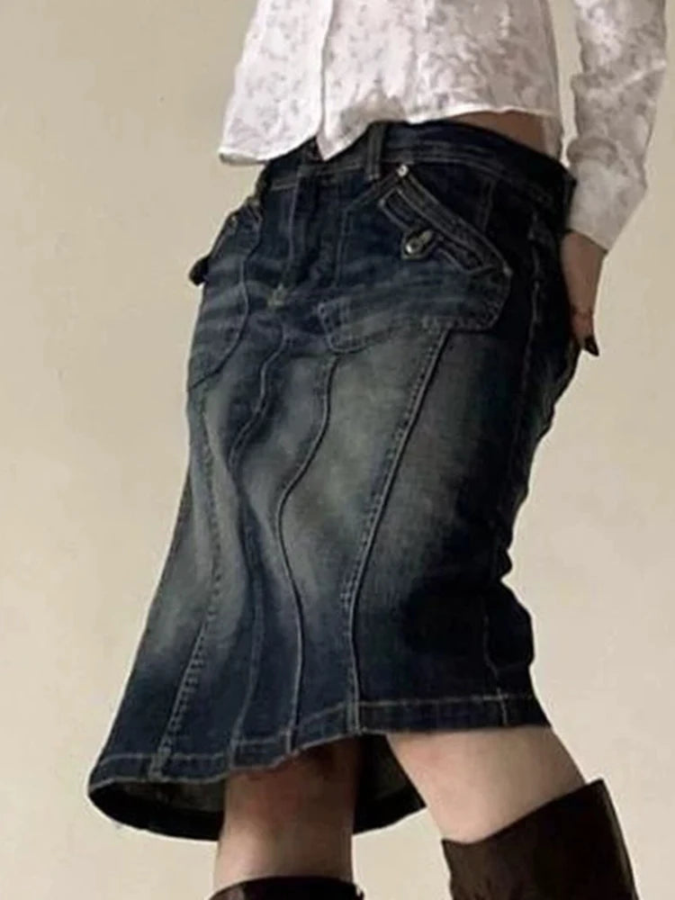 Voguable Vintage Blue Straight Denim Skirt Women American Retro Aesthetic Chic Stitch Cargo Mid Skirts Y2K Streetwear Grunge New voguable