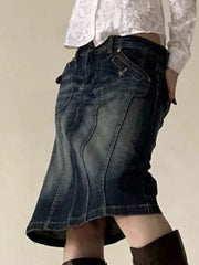 Voguable Vintage Blue Straight Denim Skirt Women American Retro Aesthetic Chic Stitch Cargo Mid Skirts Y2K Streetwear Grunge New voguable