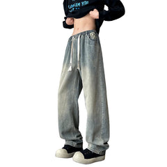 Men's Jeans Elastic waist pull rope Korean Fashion Spring Straight Denim Pants Washed Cotton Retro Wide Leg Jean Trousers