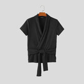 Men T Shirt Knitted Solid Color V Neck Short Sleeve Summer Male Tee Tops Streetwear 2025 Lace Up Fashion Men Clothing INCERUN voguable