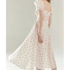 YENKYE Summer 2024 Women French Style Lacing Up Square Neck Floral Print Dress Sexy Slit Puff Sleeve Ladies Elegant Holiday Robe voguable