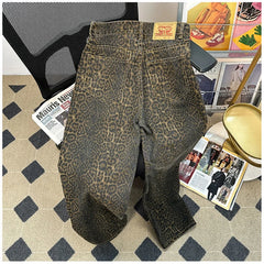 Retro American Leopard Print Jeans for Men High Street Gothic Hiphop Trendy Straight Couple Design Wide Leg Long Pants Y2k fash voguable