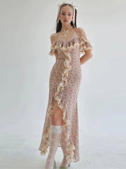 High Slits Colorful Maxi Dress Women Bandage Patchwork Lace Folds Irregular Low-Neck Sweet Skinny Temperament Vestidos voguable