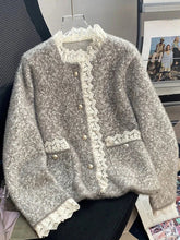 Faux Mink Cashmere Gray Cardigan Women Lace Patchwork Long Sleeve Elegant Knitted Sweaters Vintage Korean Casual Pockets Tops voguable