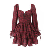 Voguable 2024 Women Front Lacing Up Wine Red Floral Print Dress Vintage Puff Sleeve Layered Ruffle Hem Cake Mini Dress Holiday voguable