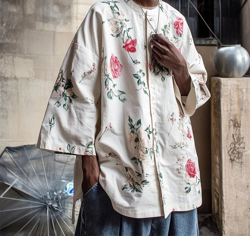 2025Men Shirt Flower Printing Stand Collar 3/4 Sleeve Oversize Men Clothing Streetwear Korean Style Casual Male Shirts voguable