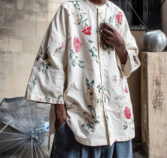 2025Men Shirt Flower Printing Stand Collar 3/4 Sleeve Oversize Men Clothing Streetwear Korean Style Casual Male Shirts voguable