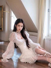 Voguable French Sweet White Y2k Mini Dress Women Summer Long Sleeve Beach Style One Piece Dress Korean Fashion Japanese Kawaii Chic voguable