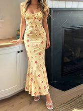Voguable Vintage Slim Flower Print Square Collar Flying Sleeve All Match Elegant Long Dresses voguable
