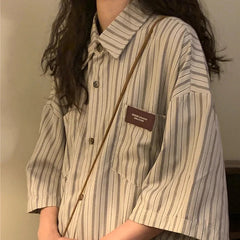Vintage Striped Women with Tie Blouses Harajuku Oversized Loose Preppy Tops Japanese Summer Fashion Long Sleeve Shirts voguable