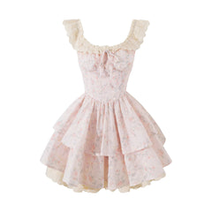 Voguable French Style Women's Dress Flying Sleeve Summer Patchwork Lace Short Dress Princess Ball Gown Girl Party Dress voguable