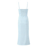 YENKYE Summer Women Sexy Thin Straps Blue White Plaid Sling Dresses Midi Long Pencil Dress Holiday Robe voguable
