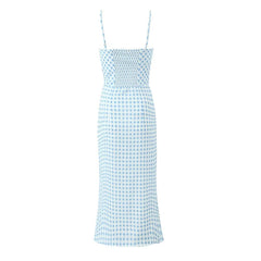 YENKYE Summer Women Sexy Thin Straps Blue White Plaid Sling Dresses Midi Long Pencil Dress Holiday Robe voguable