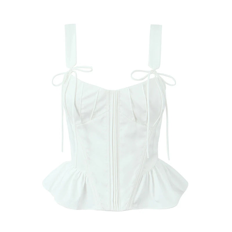 Summer Women Ruffles Hem White Tank Top Sexy Sleeveless Female Party Chic Crop Top