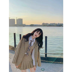 New Korean Temperament Short Suit Jacket + White Shirt + High Waist Pleated Skirt Three-piece Women's Clothing voguable