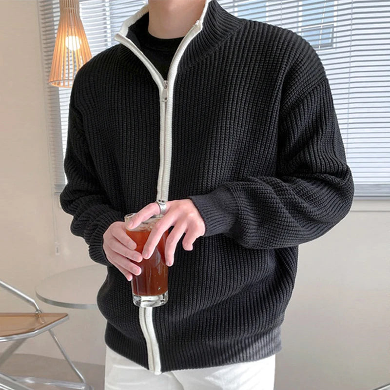 Winter Men's Luxury Knitted Zipper Cardigan Sweater Stand Collar Solid Color Long Sleeve Casual Streetwear Loose Coat voguable