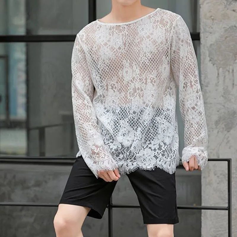 Voguable Man Lace T-shirt New Hollow Long Sleeve Bottoming Shirt Fashion Casual High Street Solid Color Men's Wear voguable