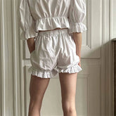 White Bloomers Ruffle Hem Bottoms Women Solid Color Elastic High Waist Panties Coquette Clothing y2k Victorian Shorts voguable
