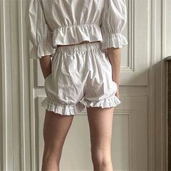 White Bloomers Ruffle Hem Bottoms Women Solid Color Elastic High Waist Panties Coquette Clothing y2k Victorian Shorts voguable