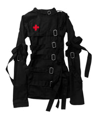Voguable WomenBlack Hooded Parka Jacket with Big Faux Fur Collar Gothic Metal Buckle Zip Up Slim Fit Winter Warm Coat Streetwear Y2K voguable