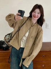 Women Faux Suede Y2K Jacket Streetwear Loose Long Sleeve Vintage Coat American Casual Harajuku Retro Stand Collar Fall Tops voguable