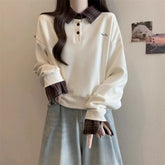 Voguable Fashion Plaid Women Sweatshirts Fall Korean Button Patchwork Oversize Pullovers Simple Loose Long Sleeve Chic Casual Female Tops voguable
