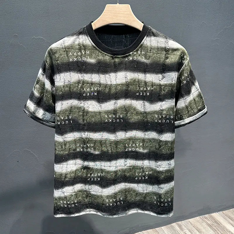 Voguable Summer New Style Personalized Striped Frayed Sequins Trendy Brand T-shirt Loose Casual Versatile Round Neck Men's Short Sleeves voguable