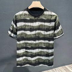 Voguable Summer New Style Personalized Striped Frayed Sequins Trendy Brand T-shirt Loose Casual Versatile Round Neck Men's Short Sleeves voguable