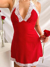 Voguable Women Polka Dot Halter Short Dress Lady Lace Trim Patchwork Off Shoulder Backless V-neck Dresses Holiday Beach Party Wear voguable