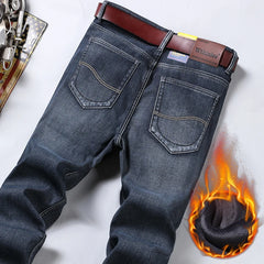 Winter Thermal Warm Flannel Stretch Jeans Mens Winter Quality Famous Brand Fleece Pants Straight Flocking Trousers Denim Jean voguable