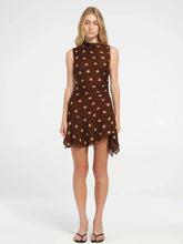 Sleeveless Polka Dot Dress For Woman Fashion Brown Print Mesh O Neck Ruched Mini Dress Elegant Irregular Dresses voguable