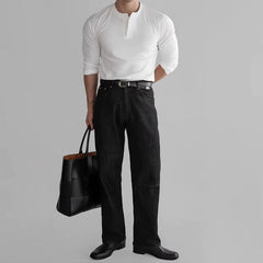 New American Fashion Men Henry Collar T-shirt Light Luxury Solid Color Long Sleeve Tops Leisure Light Business Basic Shirt M-3XL voguable