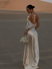 Elegant Satin Backless Women's Camisole Dress Solid Color Spaghetti Strap Lace Up Vestidos New Lady High Waist Dinner Dresses