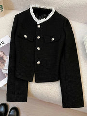 Black Slim Elegant Tweed Jacket Women Vintage Lace Patchwork Long Sleeve Sweet Coat Fall Winter French Casual Retro Tops voguable