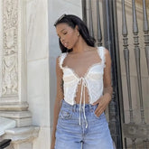 Sexy white lace crop tops women Summer casual lace tank top for women cute tops front tie corset top korean streetwear y2k Pbong