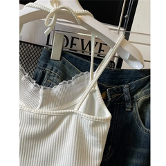 Lace Splicing Bow Ank Top Women Summer Sleeveless Crop Off Shoulder Spaghetti Strap Halter Neck Lace Up Casual Slim Fit Camis voguable