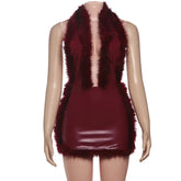 Voguable Deep V-Neck Sexy Halter Faux Fur Collar Winter Dress for Women Fashion PU Fake Leather Backless Party Club Dresses Y2K Mini voguable