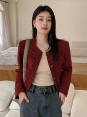 Zoki Women Slim Vintage Jacket Fall Winter Long Sleeve Sweet Elegant Coat French Casual Female O Neck Single Breasted Retro Tops voguable