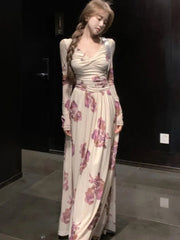 Elegant Print V-Neck Long Party Dress For Women French Autumn New Fashion Folds Long Sleeves Slim Dresses Female Casual Vestidos voguable