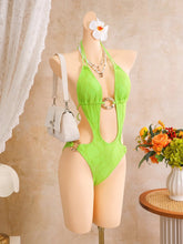 Voguable Hollow Cutout One Piece Suits Swimsuit Deep V Neck Front Large Metal O Ring Halter Tie Straps Side High Cut Leg Monokini Bikini voguable