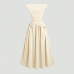 Dresses Summer French Plain Asymmetrical Folds Sleeveless One-Shoulder Draped Midi Basics Dresses For Women voguable