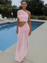 Mozision Mesh Hollow Out Backless Sexy Maxi Dress For Women Fashion One Sleeveless See Through Ruched Bodycon Club Long Dress voguable