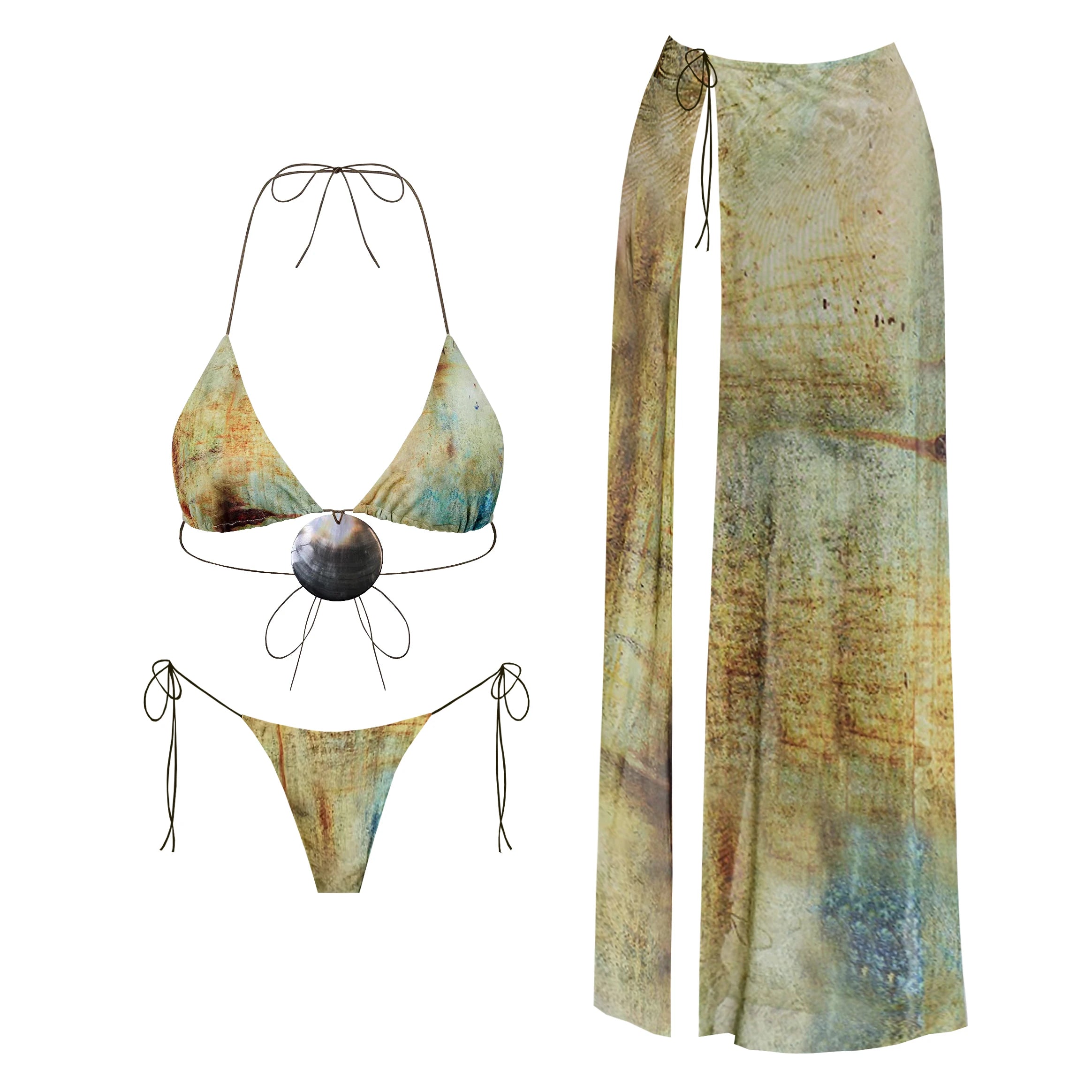 3Pc Shell Bikini Sexy Women Swimsuit With Long Skirt Mirco Swimwear High Cut Biquini Female Bathingsuit Print Bodysuit Beachwear voguable