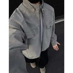 Mens Short Stand Collar Motorcycle Jacket Patchwork Cargo Biker Coat Spring Outdoor Riding Fashion Streetwear Urban Trendy voguable