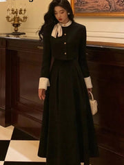 Women Elegant Korean 2 Piece Set Autumn Trend Lace Up Single Breasted Blazer Hight Waist Skirt Suit Office Lady Black Outfits voguable