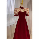 Voguable Women Burgundy Wedding Banquet Gown Elegant Lace Puff Sleeve Cheongsams Chinese Style Party Evening Vestidos Long Robe De Soiree voguable