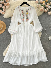 New Spring Summer Women Ethnic Style Retro Embroidered Mid Length Ruffle Edge Dress with Bubble Sleeves Bohemian Dress A38 voguable