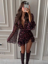 Voguable Flora Painted Ruffle Mini Dress Women Elegant Full Sleeve Deep V-neck Slim A-line Dresses Lady Holiday Street Outwears New voguable