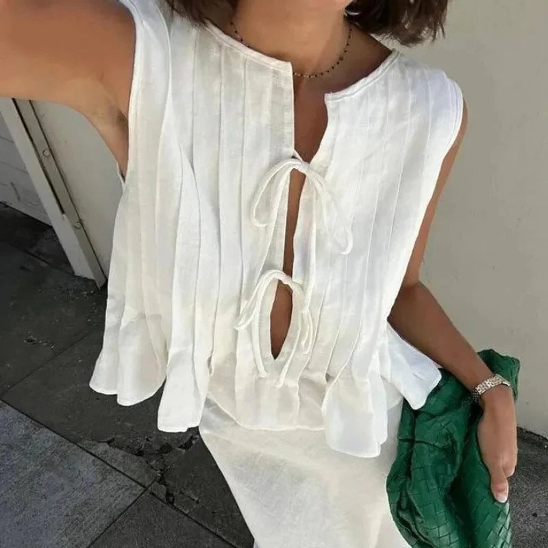 New Summer Women Y2K Korean White Linen Cotton Pleated Lace Up Sleeveless Short Shirt Crop Top Blouse Pleated Shirts Clothes voguable