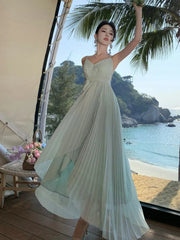 Sexy Elegant Pleated Long Dress For Women Summer V-Neck Backless Holiday Beach Lace-up A-Line Dresses Female Vestidos 2025 New voguable